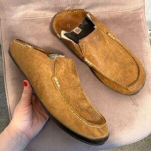 Olukai Mens Moloa Slipper Shoes Size 14 Brown Leather Shearling Loafers Slip On